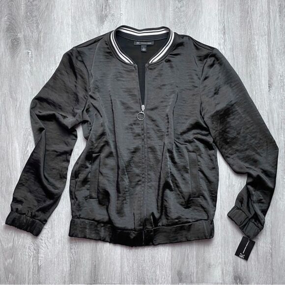 INC Black Satin Bomber Jacket M - Picture 1 of 5